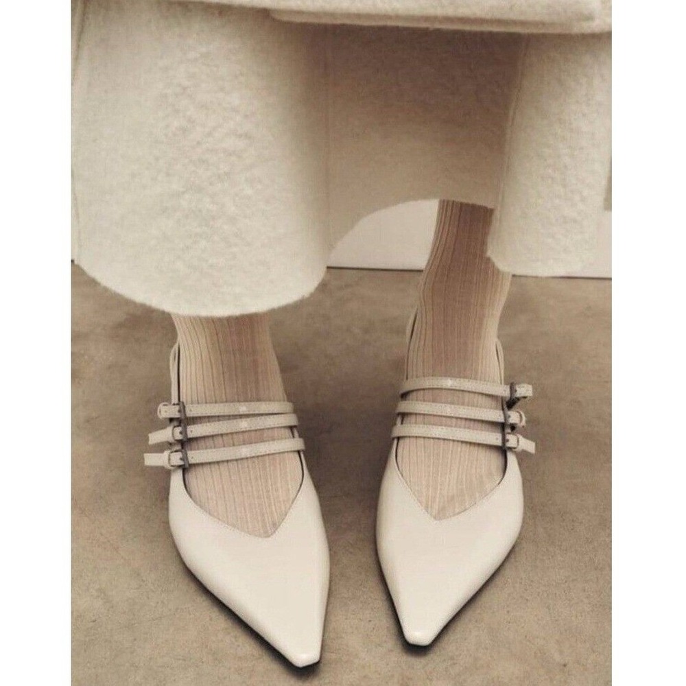 New Zara Cream Faux Patent Leather Strappy Slingback Kitten Heels 38 8